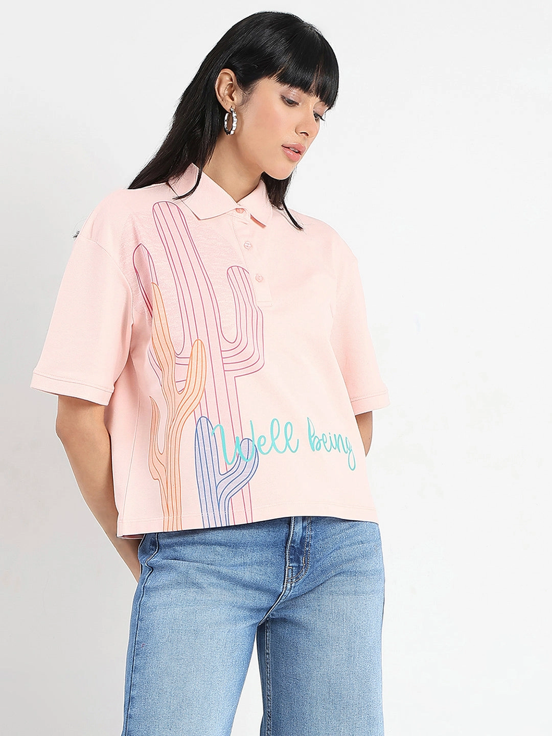 BreathableMaterial Tear Resistant Fiber Blend Madame Graphic Print Cotton Blend Peach Polo T-shirt