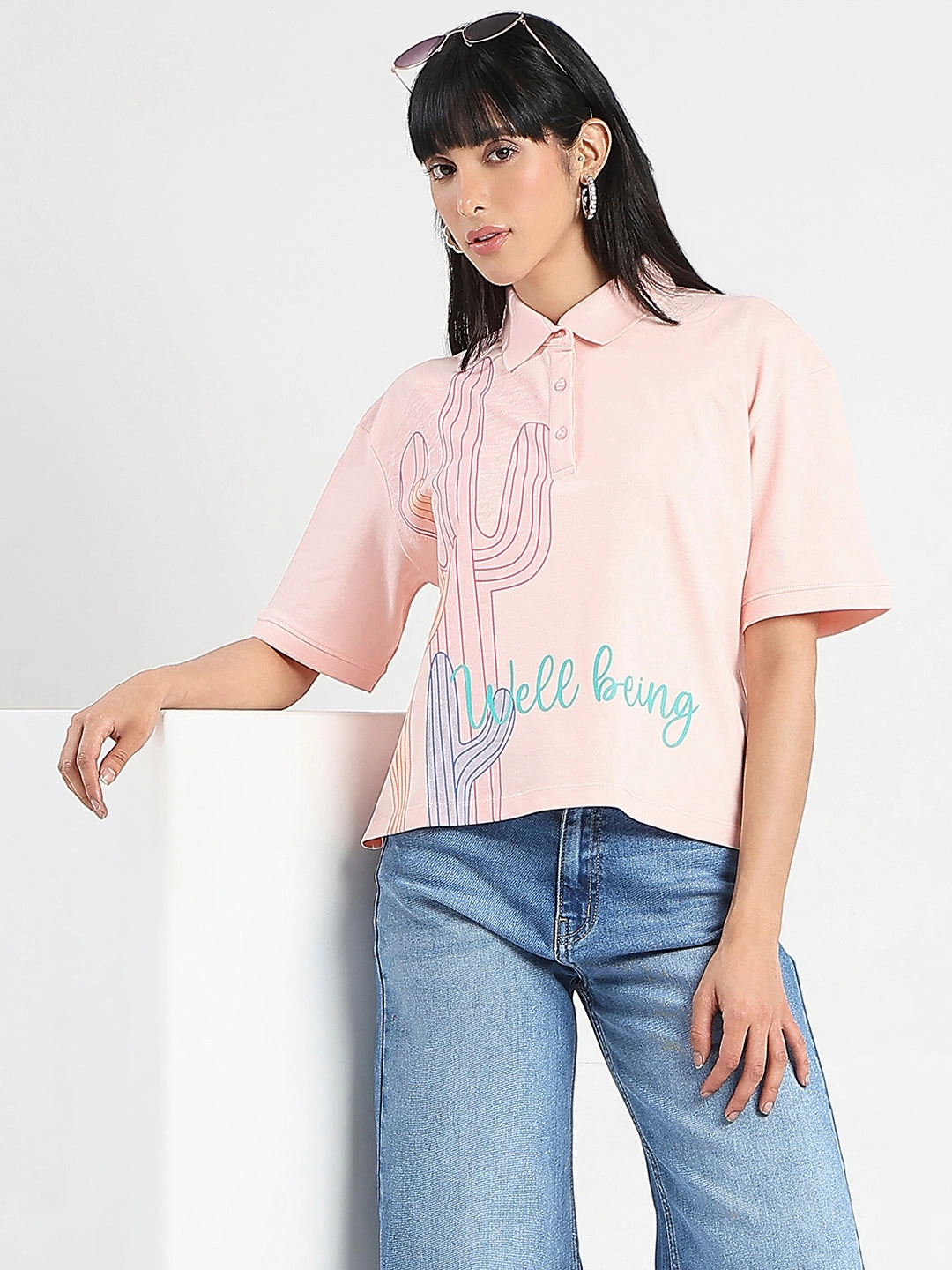 Madame Graphic Print Cotton Blend Peach Polo T-shirt Moisture Control Technology