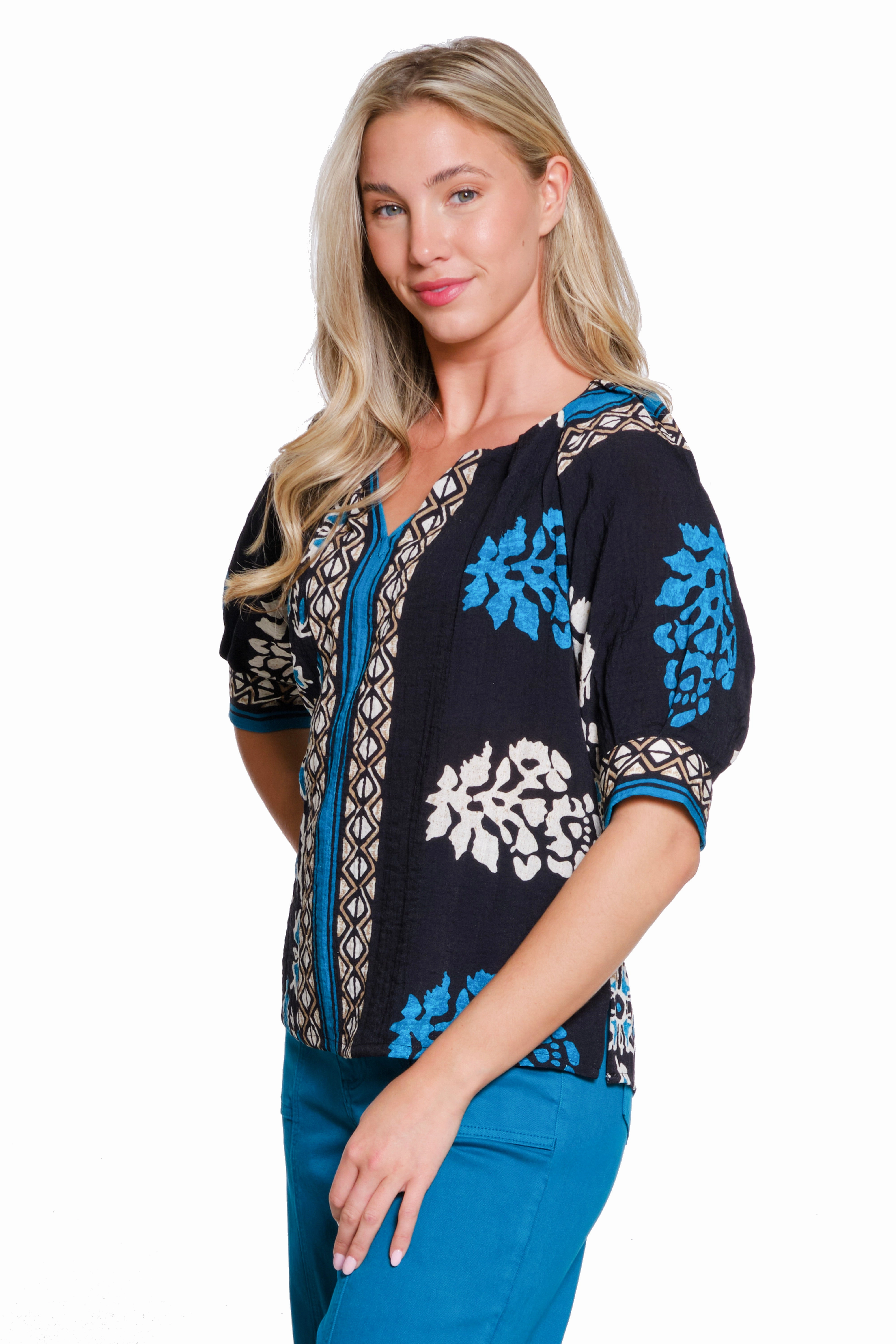 Print Popover Top - Multi Reinforced Elbow Patches V-neck Blouse