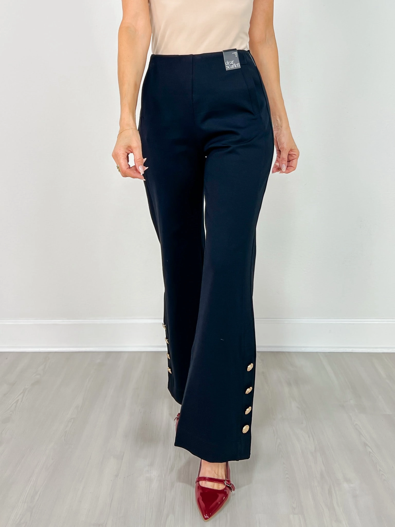 Gold Button Hem Gala Pants with Side Pockets in Black AntiPilling