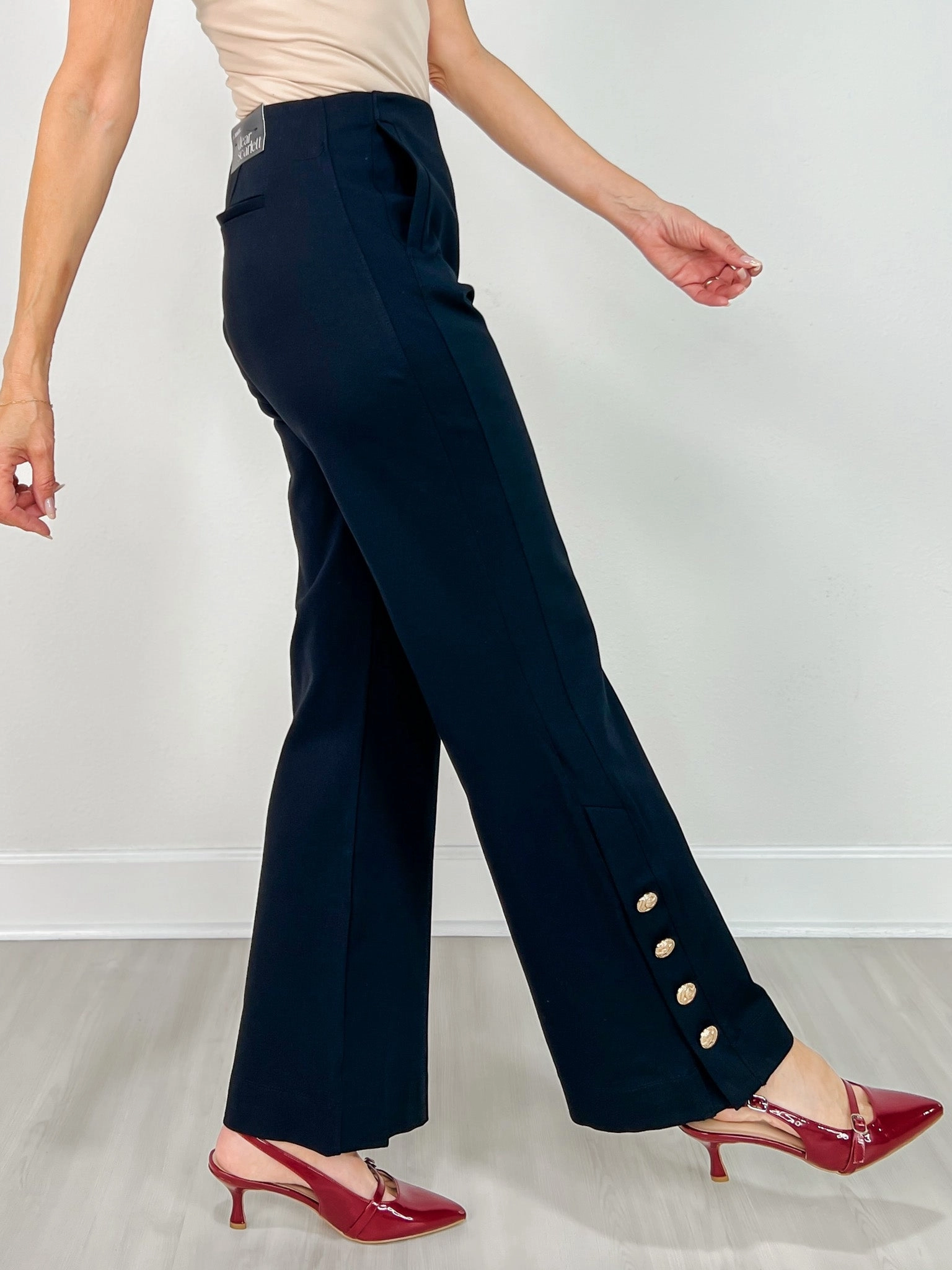 Gold Button Hem Gala Pants with Side Pockets in Black Contoured Panel Design Breath Friendly