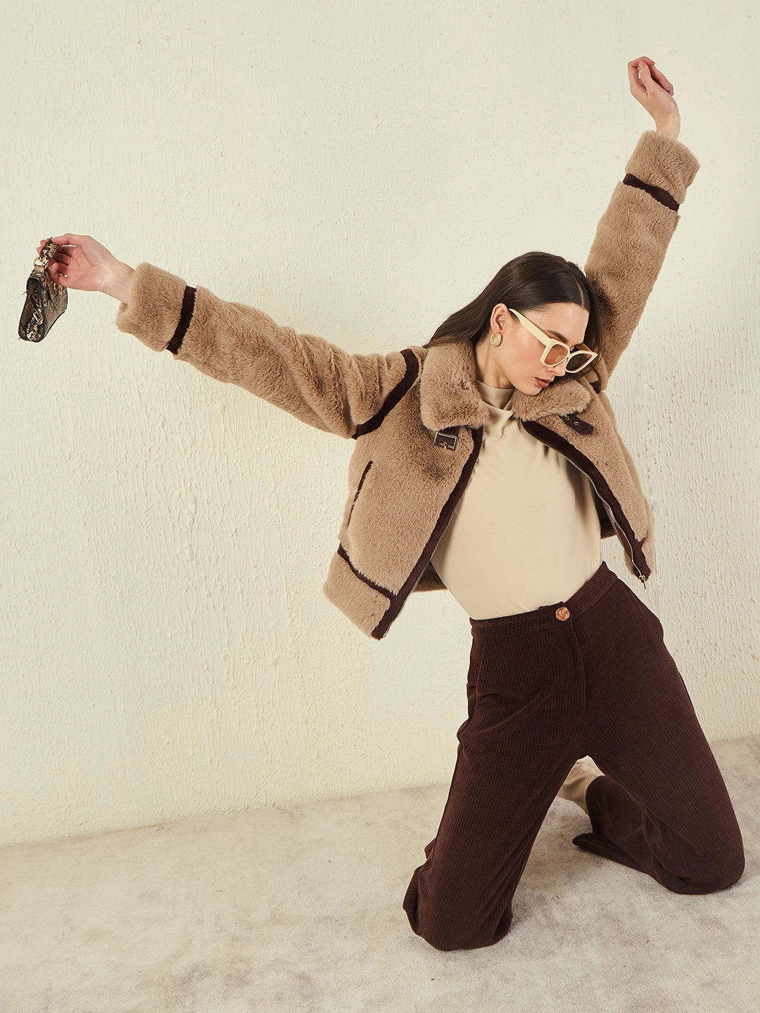 Madame Funnel Neck Full Sleeve Seam Detailed Solid Beige Knitted Top LightReflectiveTrim