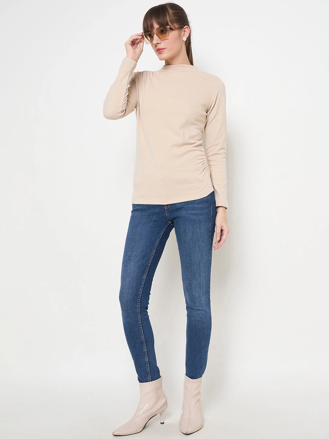 Madame Funnel Neck Full Sleeve Seam Detailed Solid Beige Knitted Top Interlock Knit AntiStatic Coating