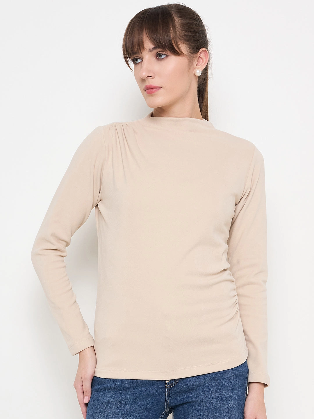 Madame Funnel Neck Full Sleeve Seam Detailed Solid Beige Knitted Top Garment Washed Softness