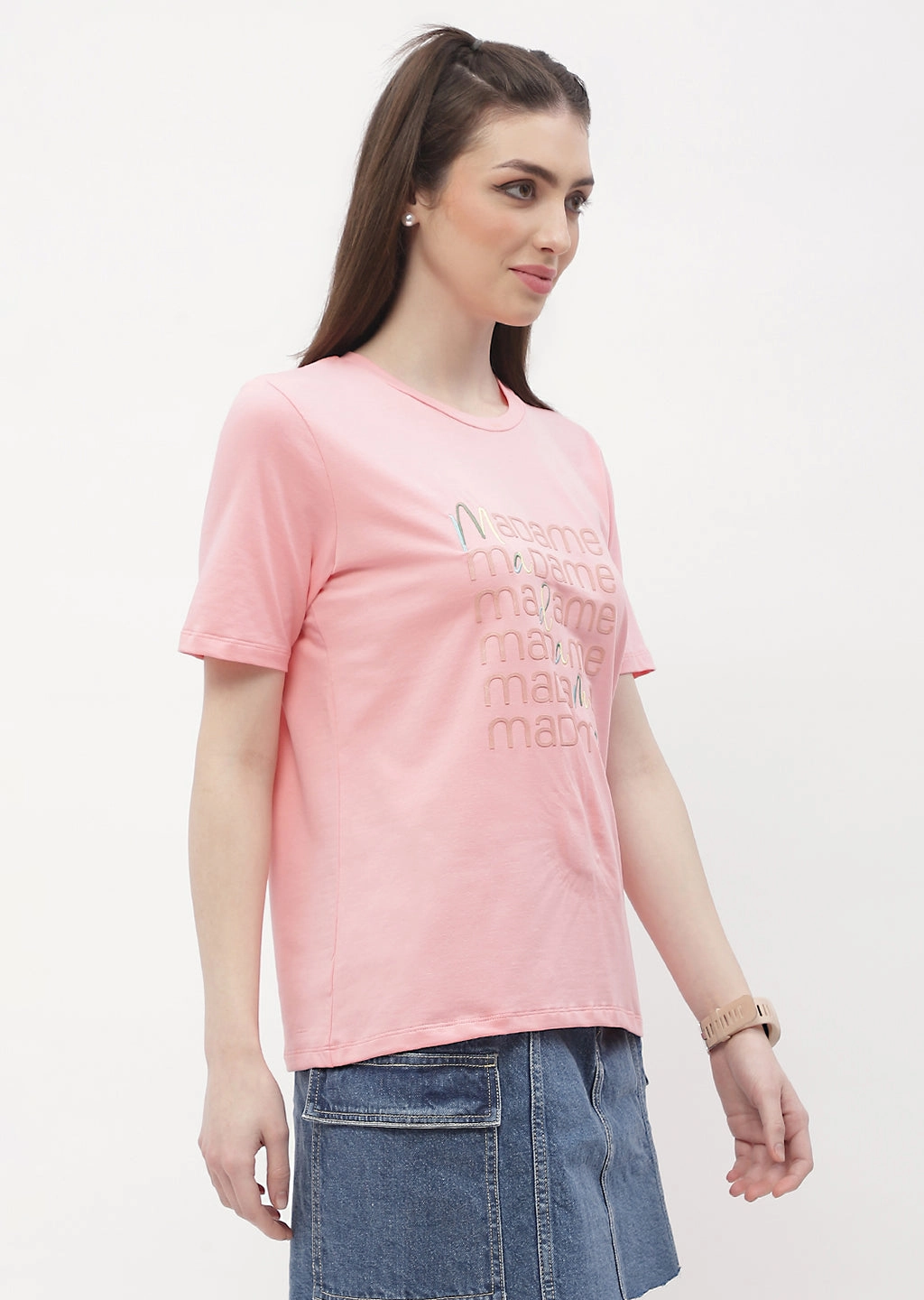 BreathableMeshPanels Madame Logo Print Pink Regular T-Shirt