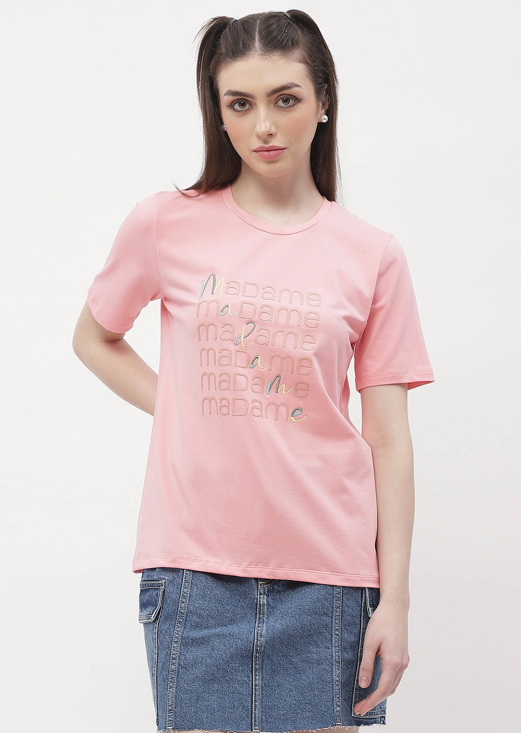 Everyday Fashion Breathable fabric Madame Logo Print Pink Regular T-Shirt