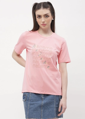 Everyday Fashion Breathable fabric Madame Logo Print Pink Regular T-Shirt