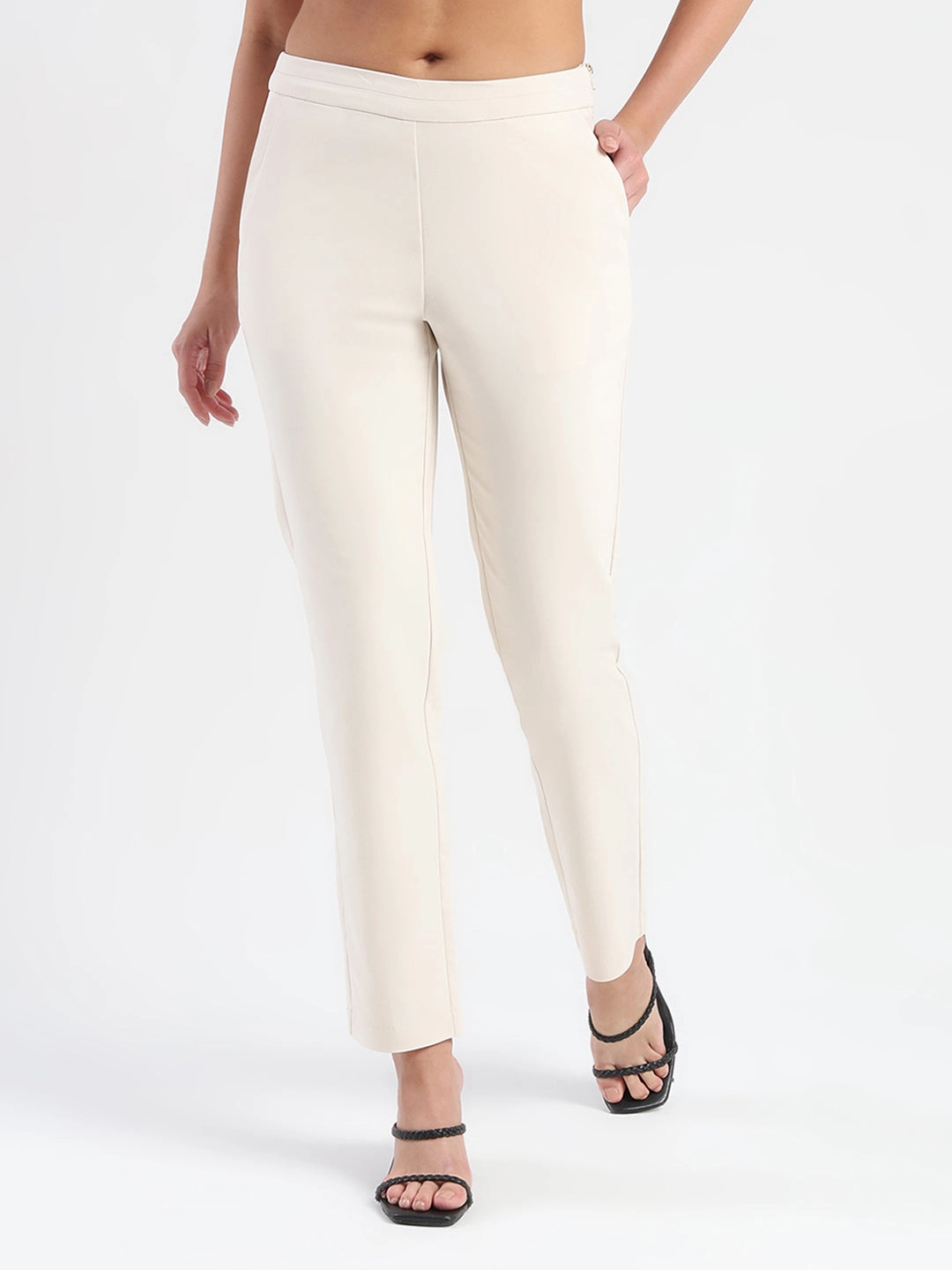 Madame High-Waist Cotton Blend Ivory Trousers Non Slip Waist Grip