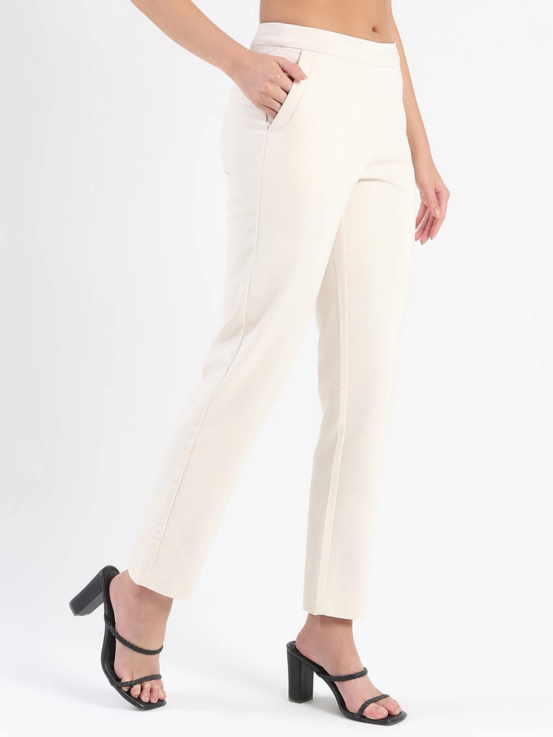 Chilly Weather Wear Body Contour Madame High-Waist Cotton Blend Ivory Trousers