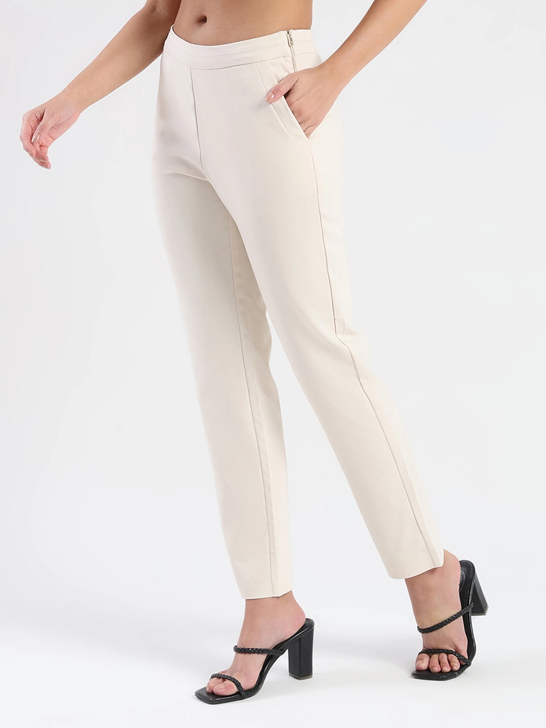 Madame High-Waist Cotton Blend Ivory Trousers High Rise