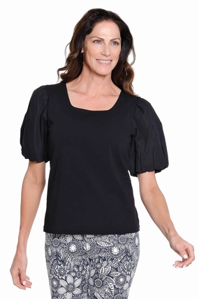 Square Neck Knit Top with Puff Sleeves - Black Hidden Pocket