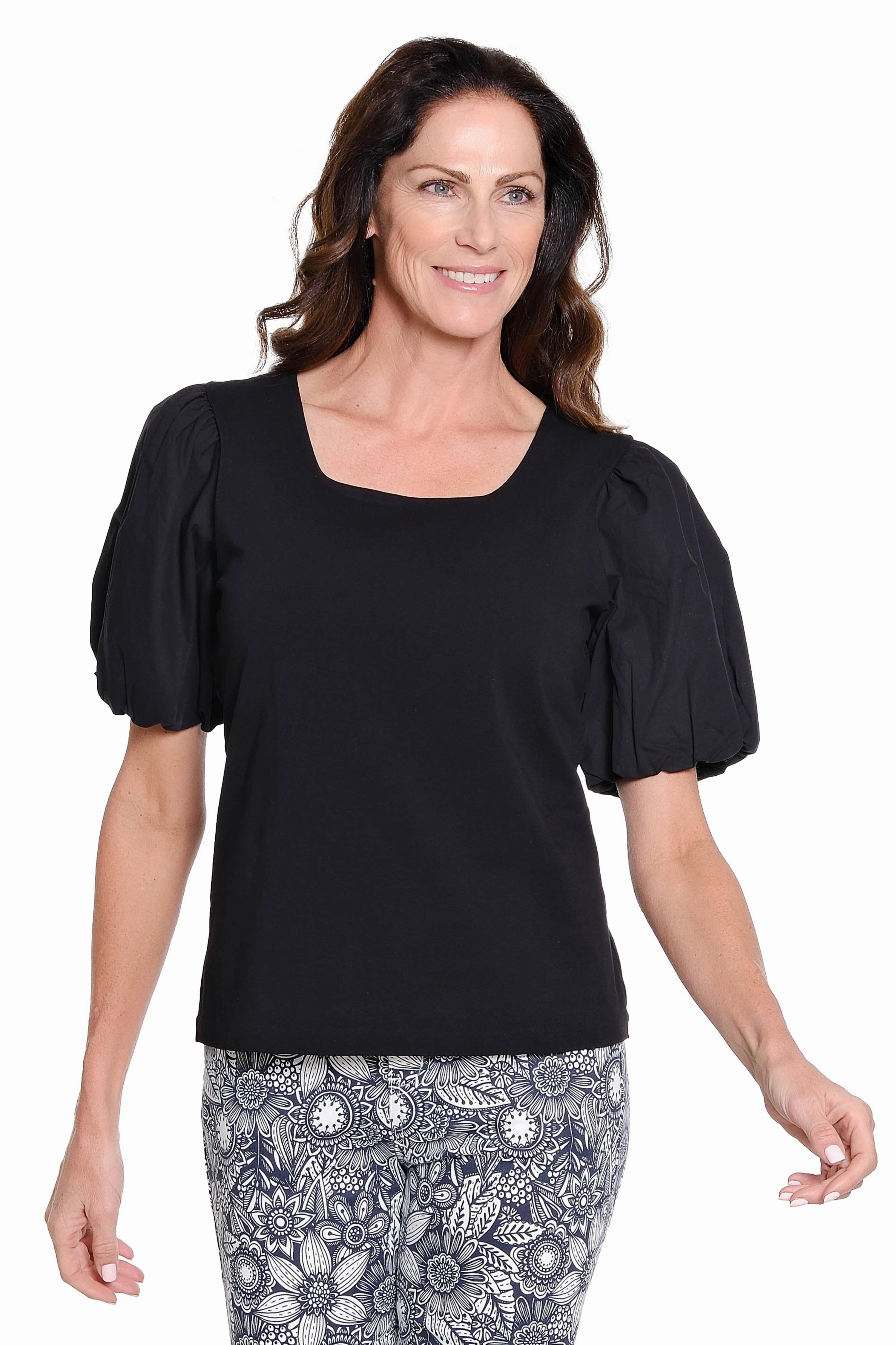Square Neck Knit Top with Puff Sleeves - Black Sleeveless Top Yarn Dyed Pattern Cloth