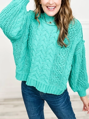 Under The Bridge Mock Neck Balloon Sleeve Cable Knit Sweater Knit Look