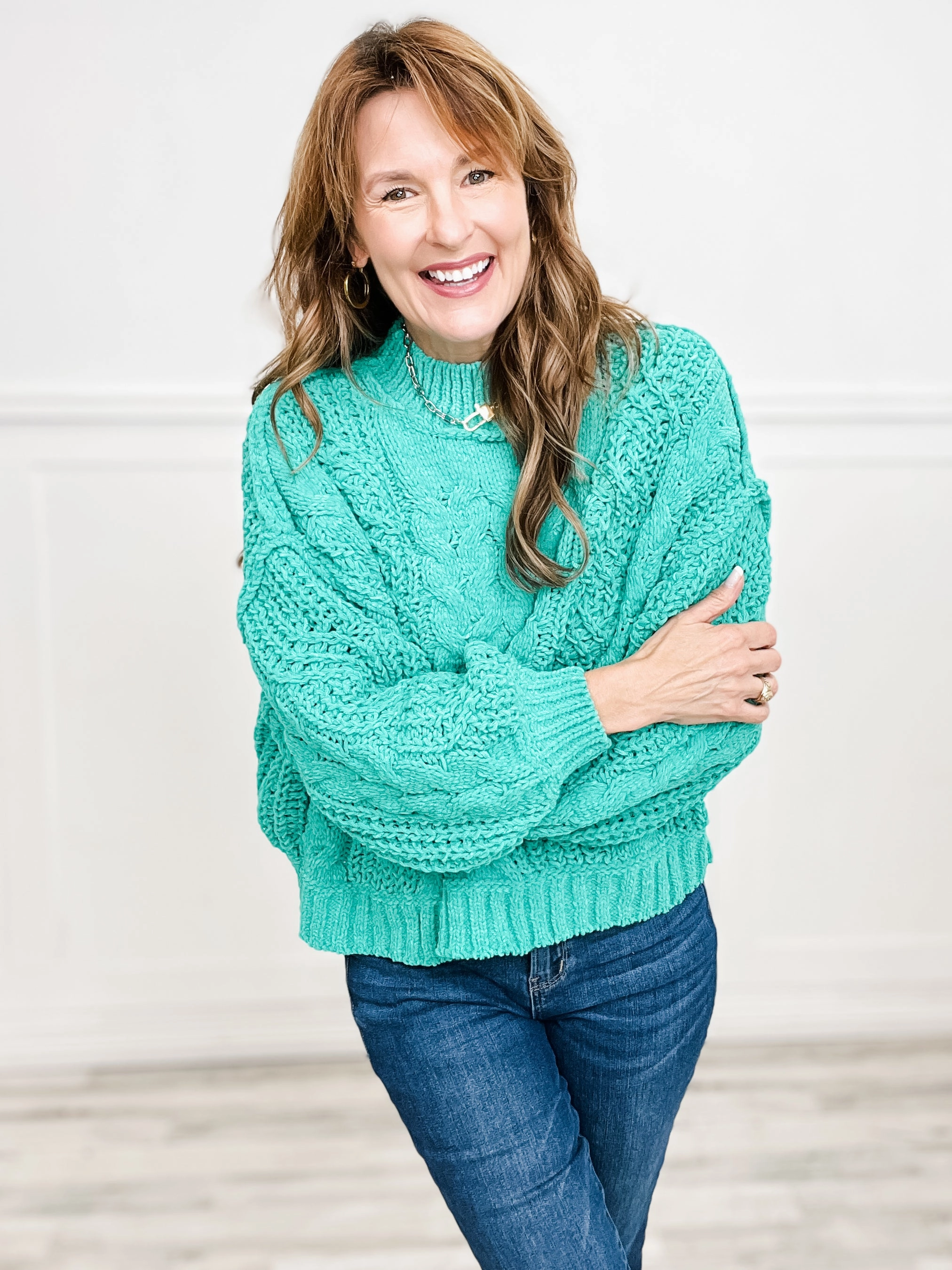 Sporty Fit Under The Bridge Mock Neck Balloon Sleeve Cable Knit Sweater