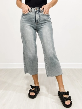 Judy Blue TANNER Mid-Rise Tummy Control Raw Hem Cropped Wide Leg Jeans Perfect Waist Timeless Comfort