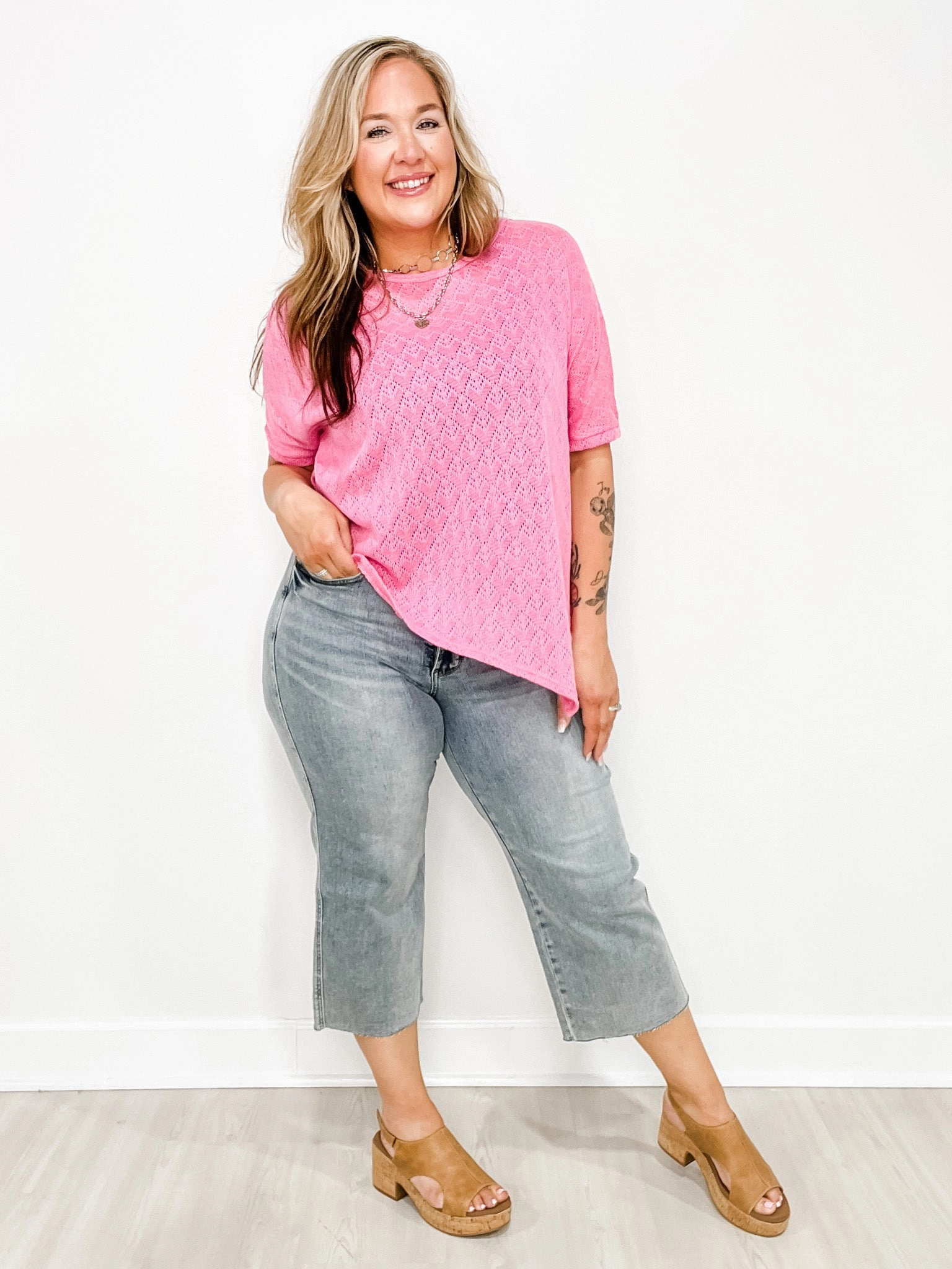Rainy Day Brunch Outfit Judy Blue TANNER Mid-Rise Tummy Control Raw Hem Cropped Wide Leg Jeans