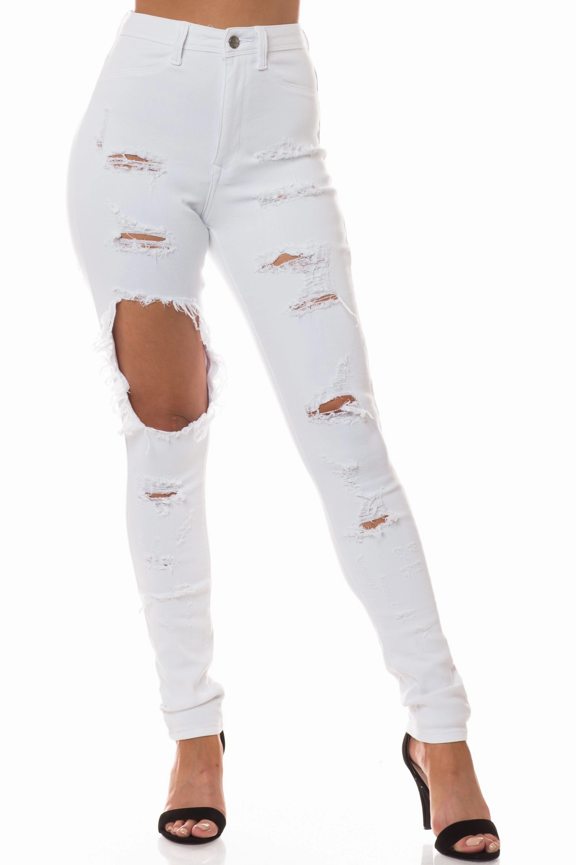 Anti Snag Thread Technology Softened Denim Material 4343 Women's High Rise Skinny Jeans W/ FRONT LEG DESTRUCTION