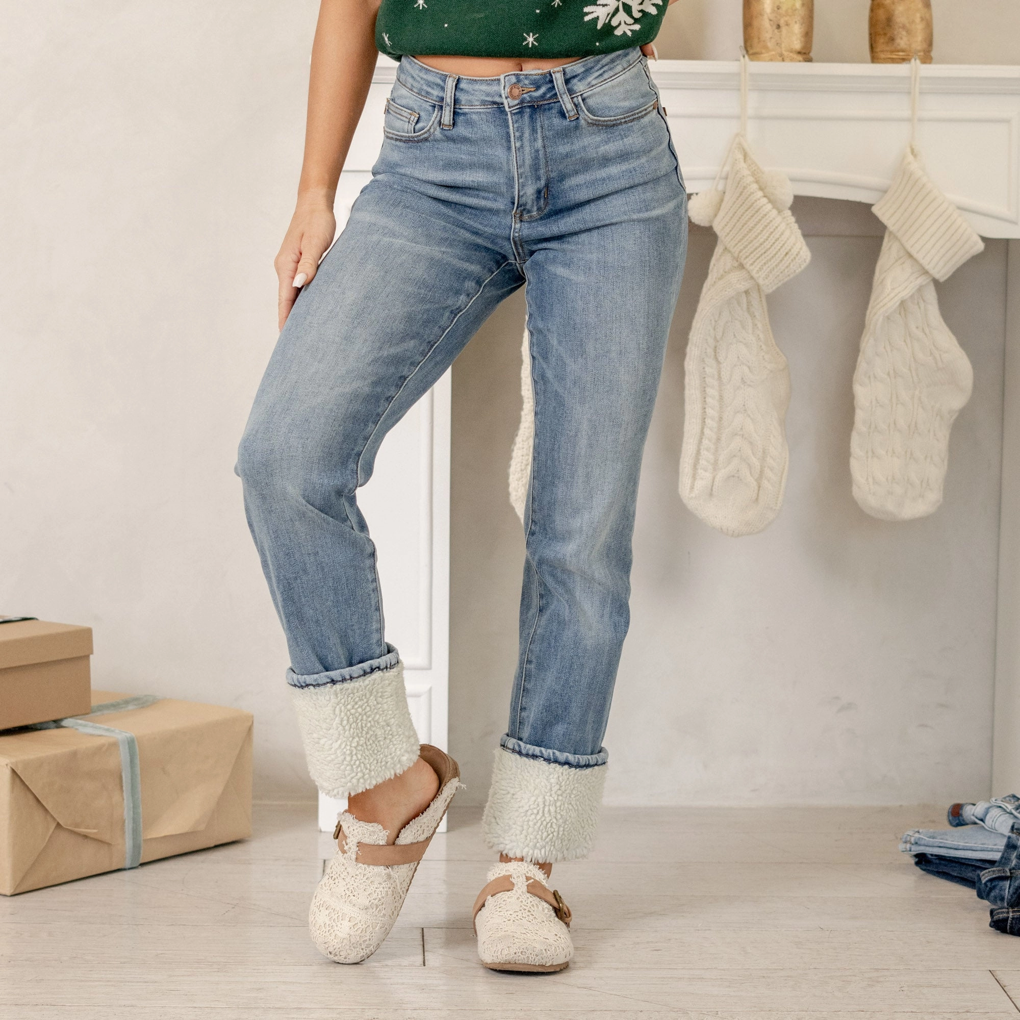 Spring Mood Slim Christmas in a Jean Shearling High Rise Cuffed Straight Leg Regular & Plus Sizes