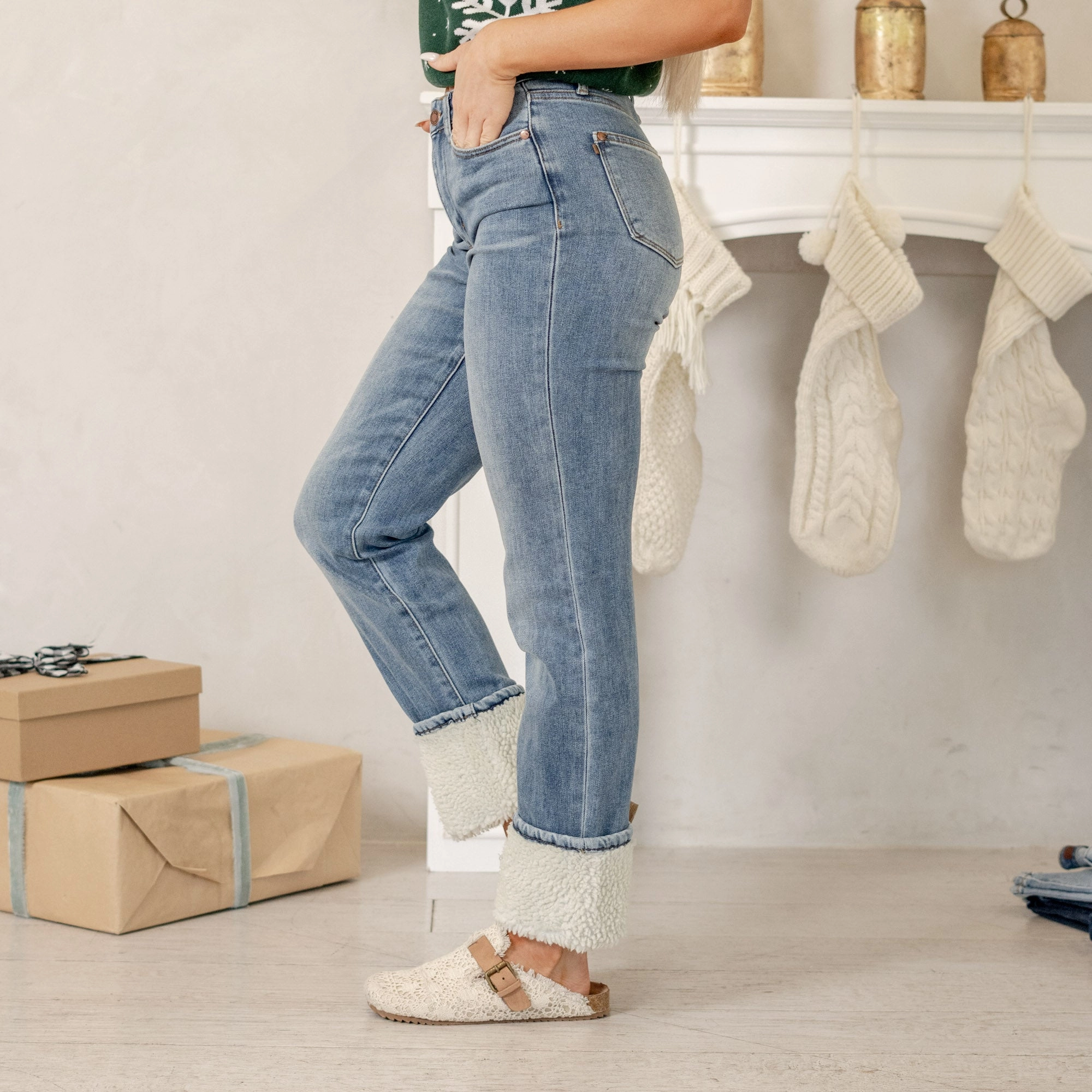 Street Appeal Christmas in a Jean Shearling High Rise Cuffed Straight Leg Regular & Plus Sizes