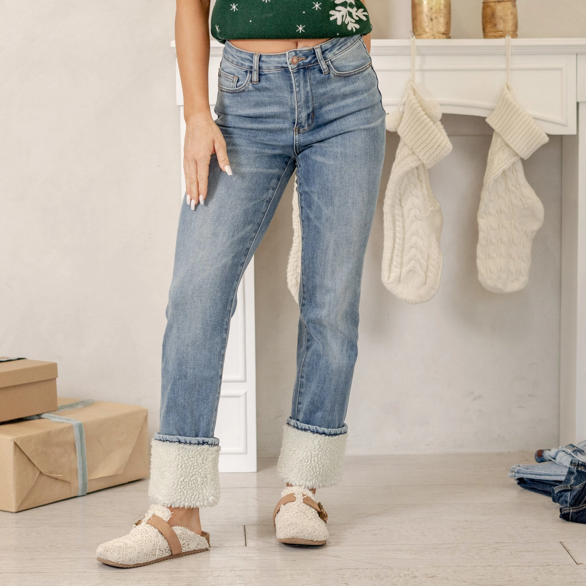 Anywhere Fit Christmas in a Jean Shearling High Rise Cuffed Straight Leg Regular & Plus Sizes