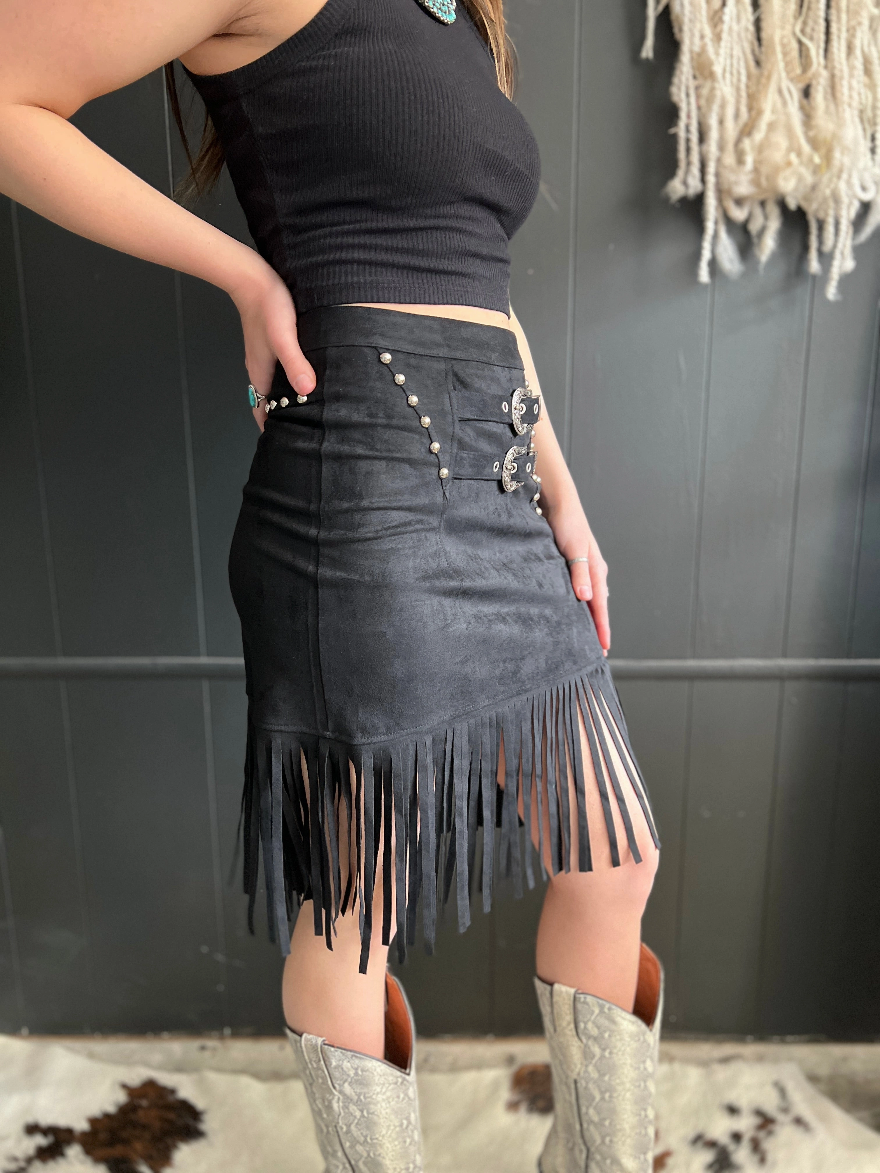L&B Black Double Buckle Studded Suede Fringe Skirt Loose cut