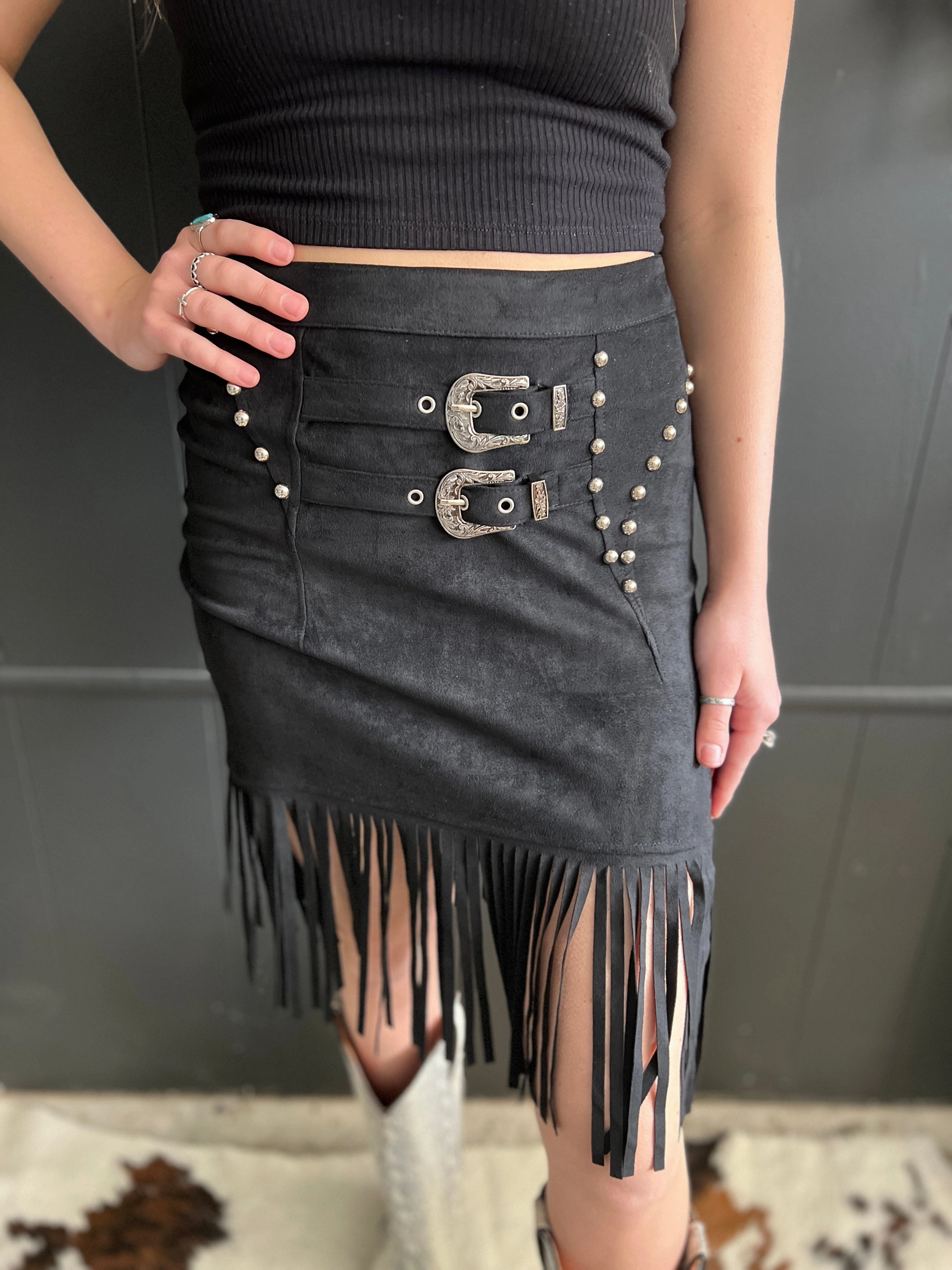 L&B Black Double Buckle Studded Suede Fringe Skirt Sport Ready
