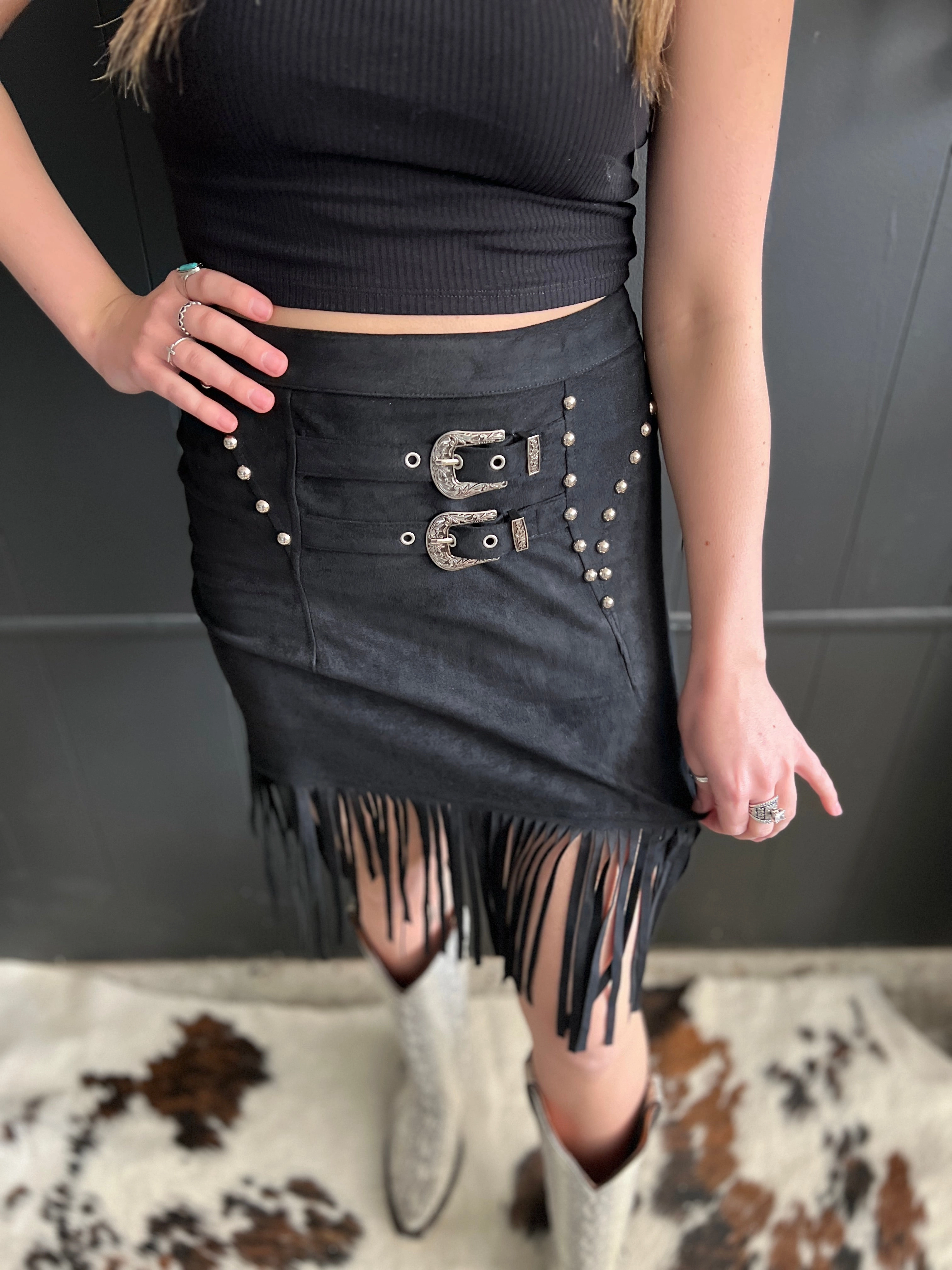 Sleek Cut Stylish Cut L&B Black Double Buckle Studded Suede Fringe Skirt
