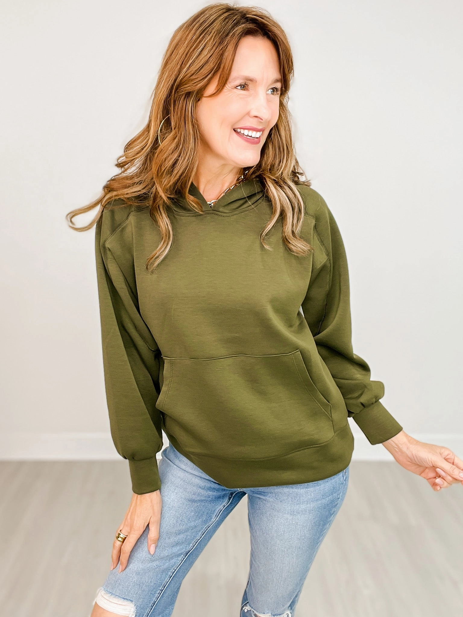 Seaside Modal Hooded Top with Kangaroo Pocket in OLIVE Fleece