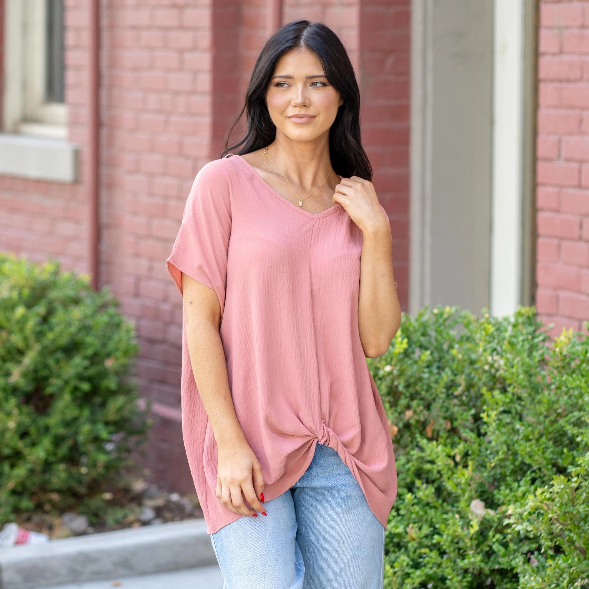 Vanilla Bay Sienna Knot Front Dolman Top Mauvelicious Moisture Management Tech Lightweight Layer