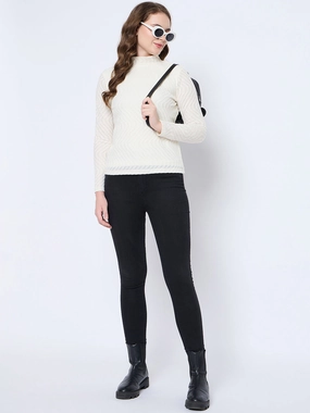 Madame Textured Mock Neck Solid Off White Top Everyday Jacket ThermalRegulation