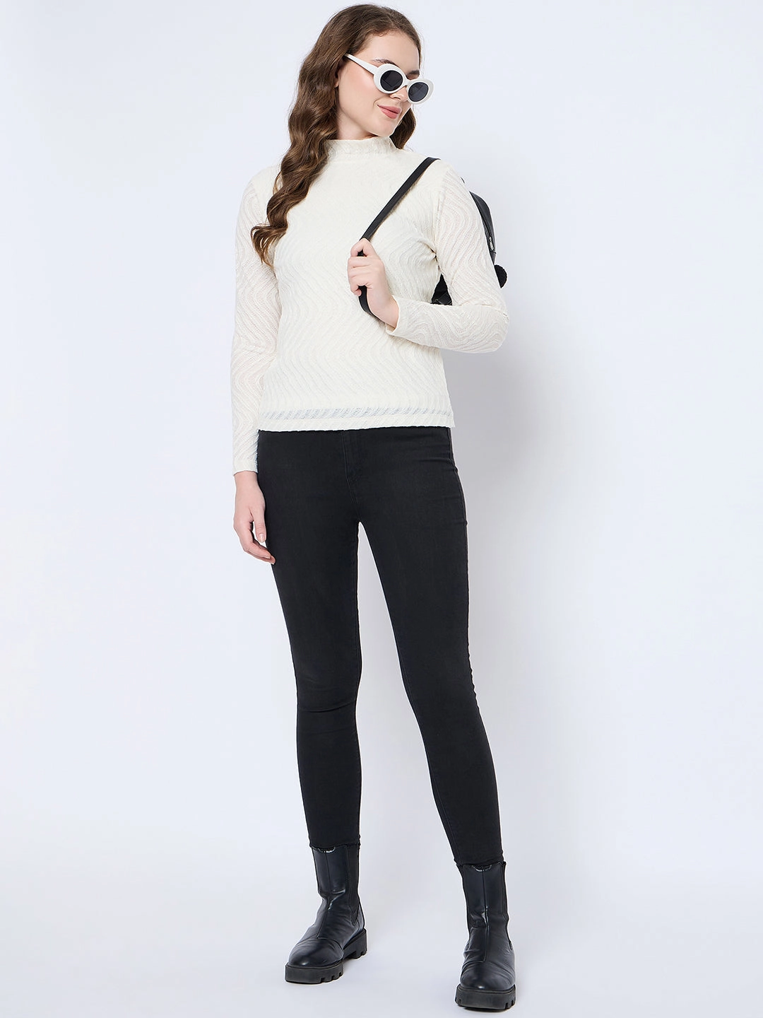 Madame Textured Mock Neck Solid Off White Top Everyday Jacket ThermalRegulation
