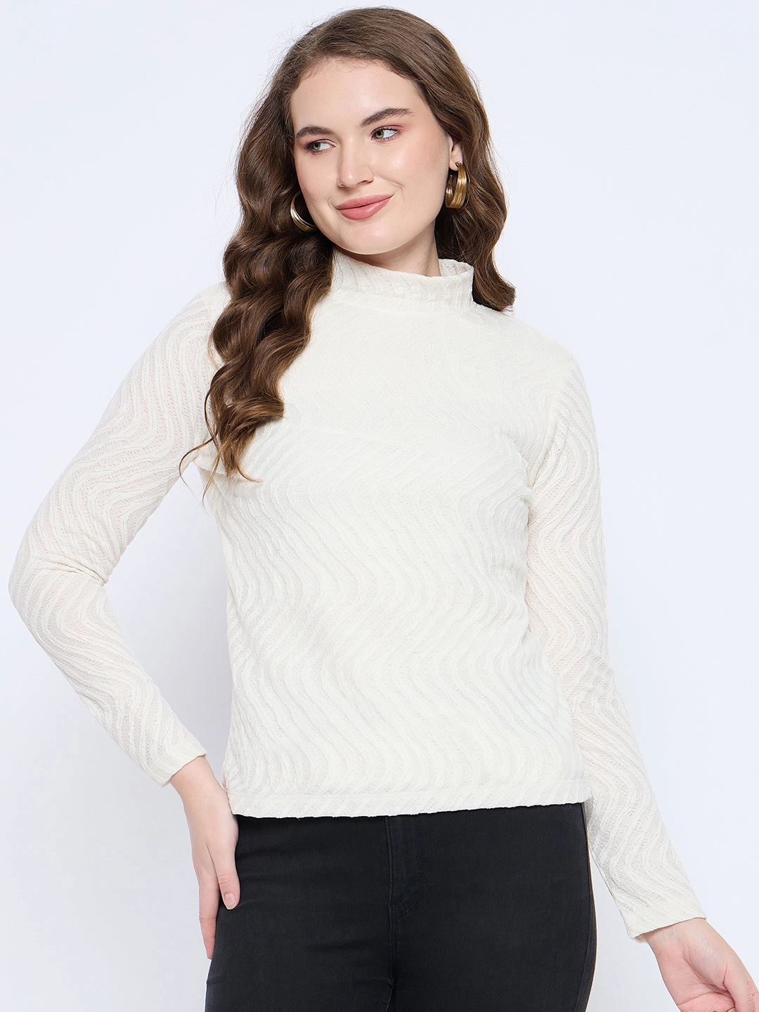 StainRepellentCoating Madame Textured Mock Neck Solid Off White Top