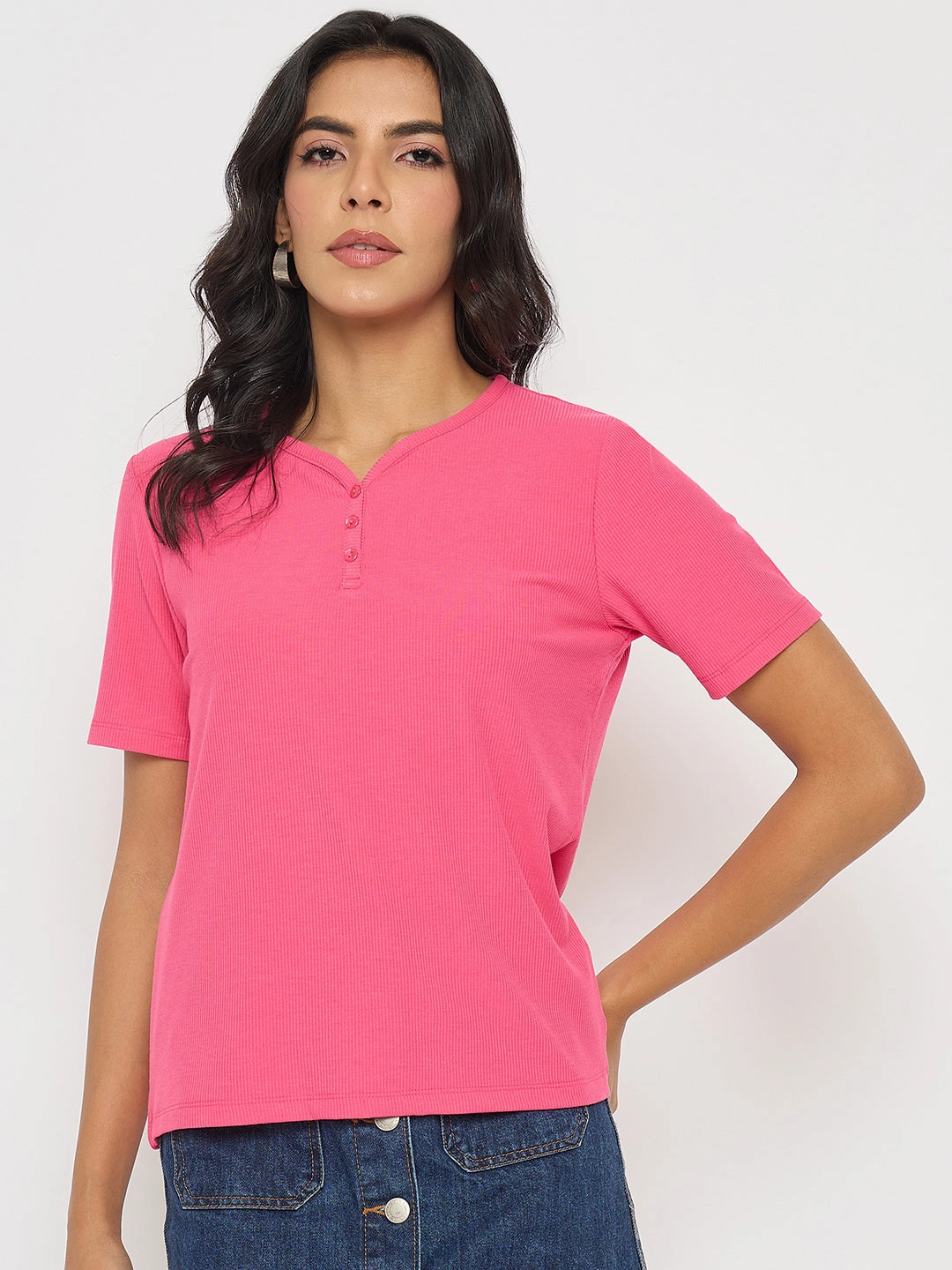Reinforced Shoulder Panels MeshPanelIntegration Madame Henley Neck Solid Hot Pink T-Shirt