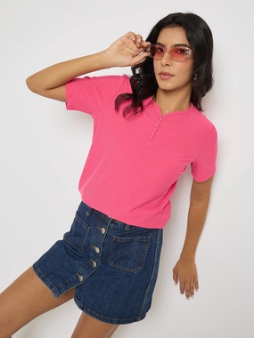Recycled Material Blend Madame Henley Neck Solid Hot Pink T-Shirt
