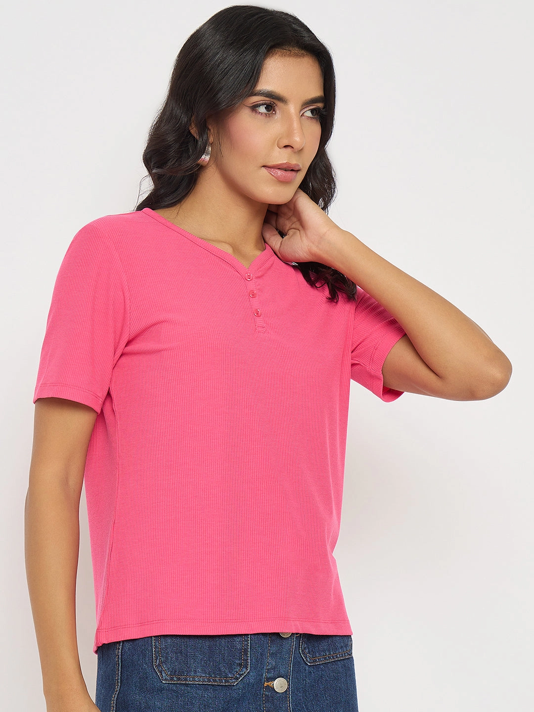 TaglessLabel slim fit Madame Henley Neck Solid Hot Pink T-Shirt