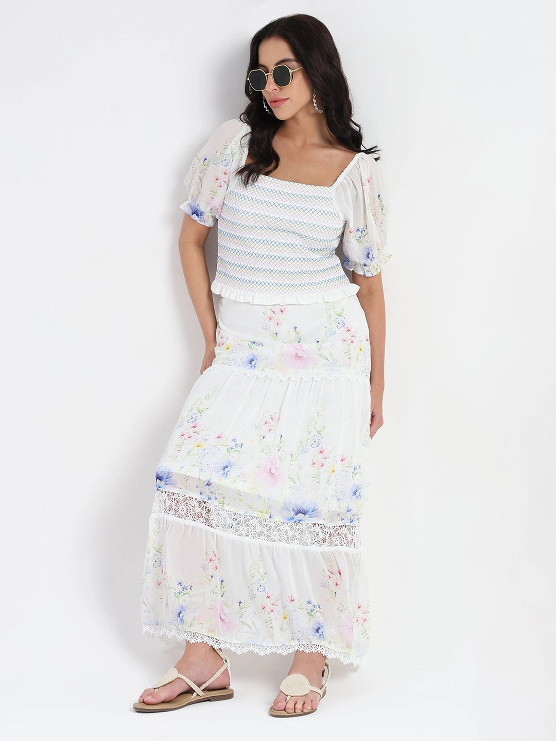 CroppedLength Madame Chiffon Smoking Contrast Threads Printed White Top