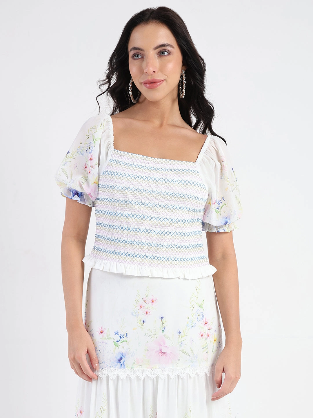 Basic Dress Durable Overlock Stitch Madame Chiffon Smoking Contrast Threads Printed White Top