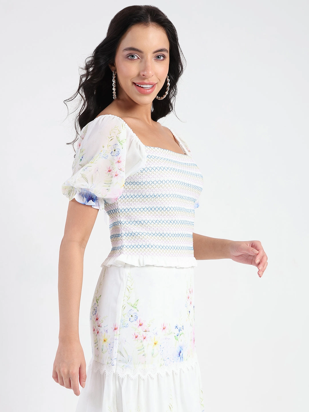 WrinkleResistant DurableBlend Madame Chiffon Smoking Contrast Threads Printed White Top