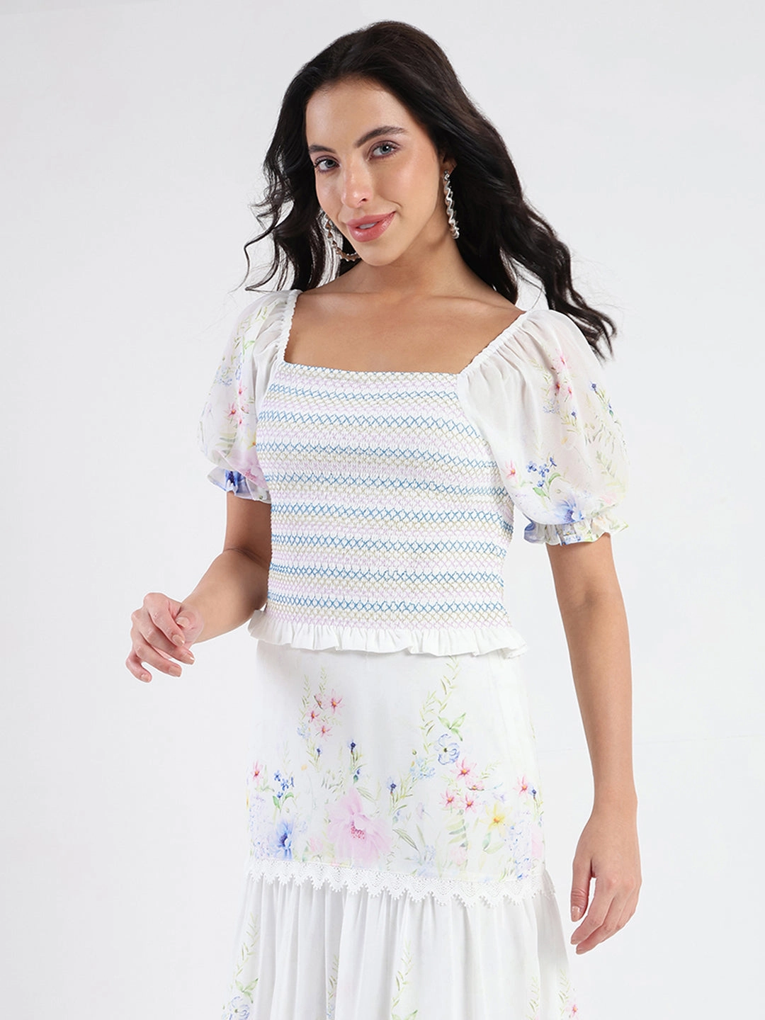 Madame Chiffon Smoking Contrast Threads Printed White Top Stretch Blouse