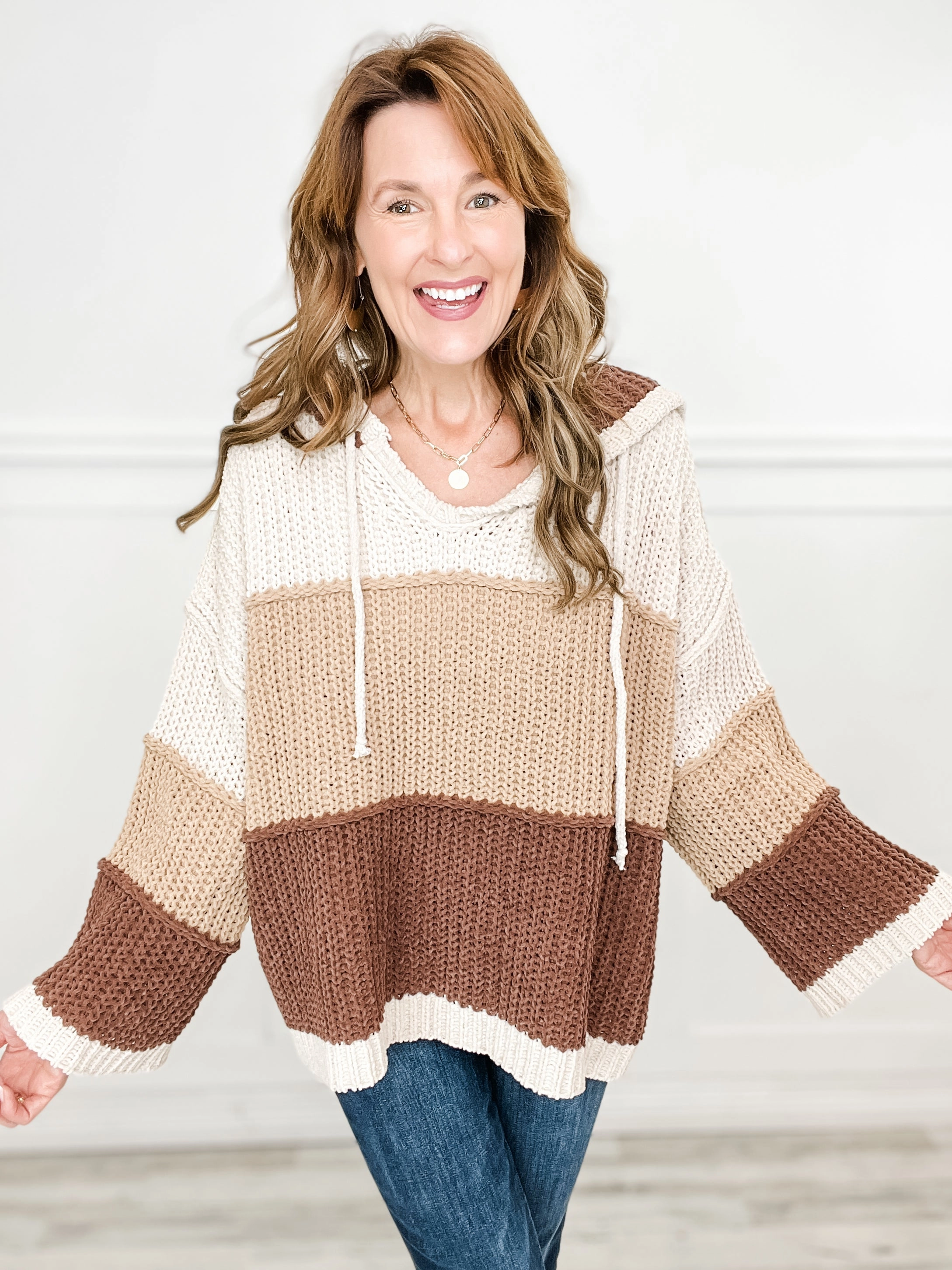 Comfy Knitwear V-neck hooded color block pullover sweater