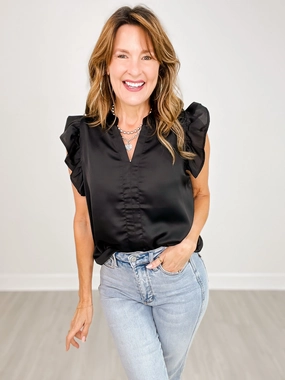 Resilient Elasticity V-Neck Ruffle Sleeve Satin Woven Woven Top