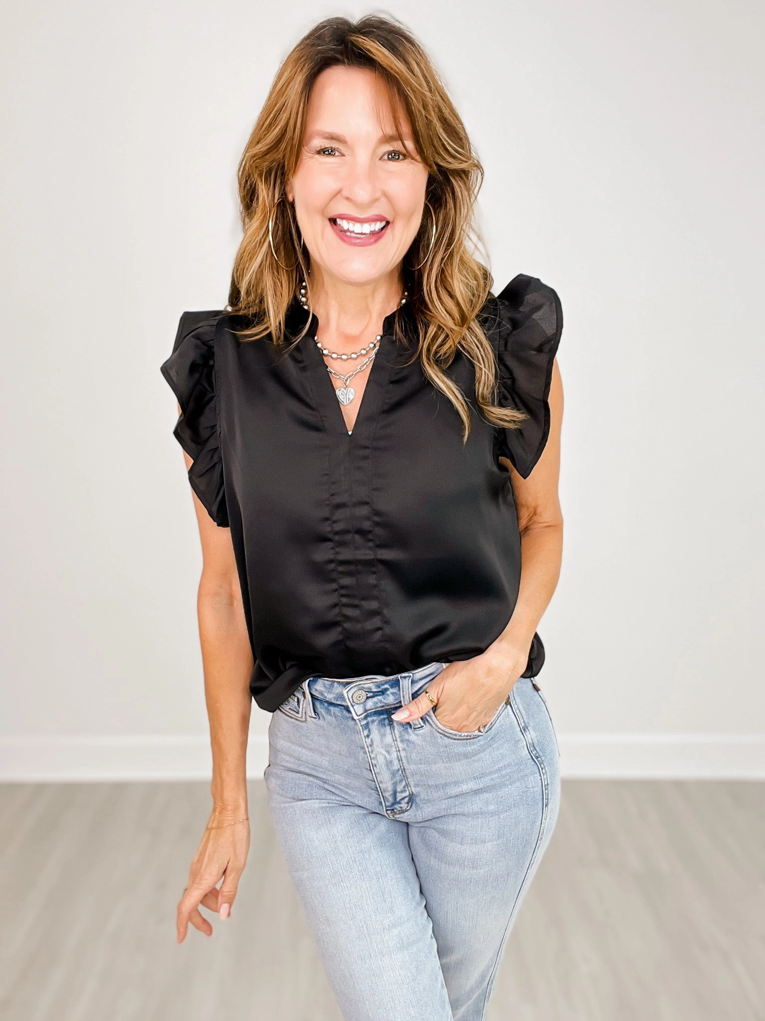 Resilient Elasticity V-Neck Ruffle Sleeve Satin Woven Woven Top