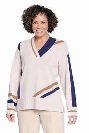 Flexible Ribbing NonFadeFinish V-Neck Varsity Sweater - Natural