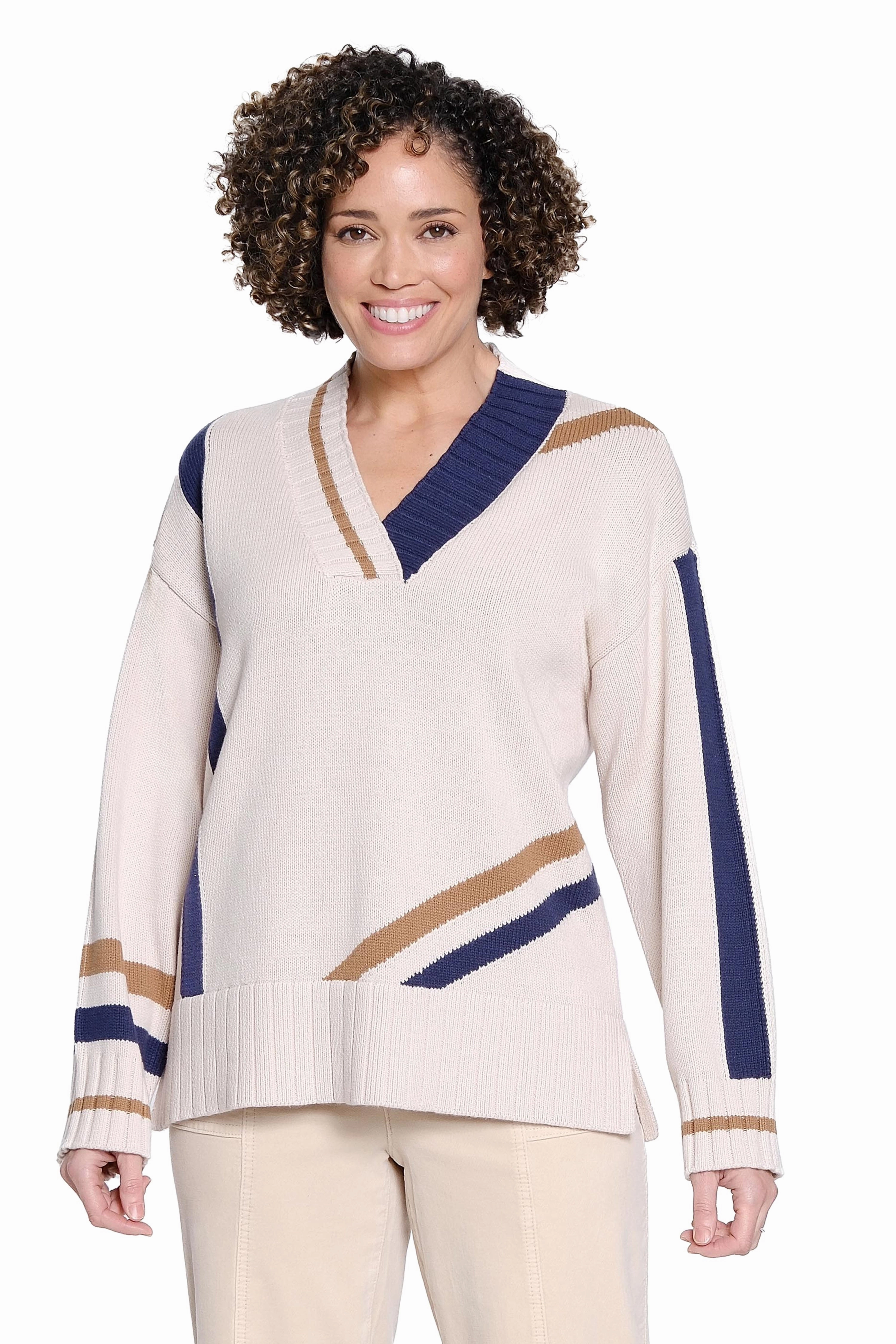 Flexible Ribbing NonFadeFinish V-Neck Varsity Sweater - Natural