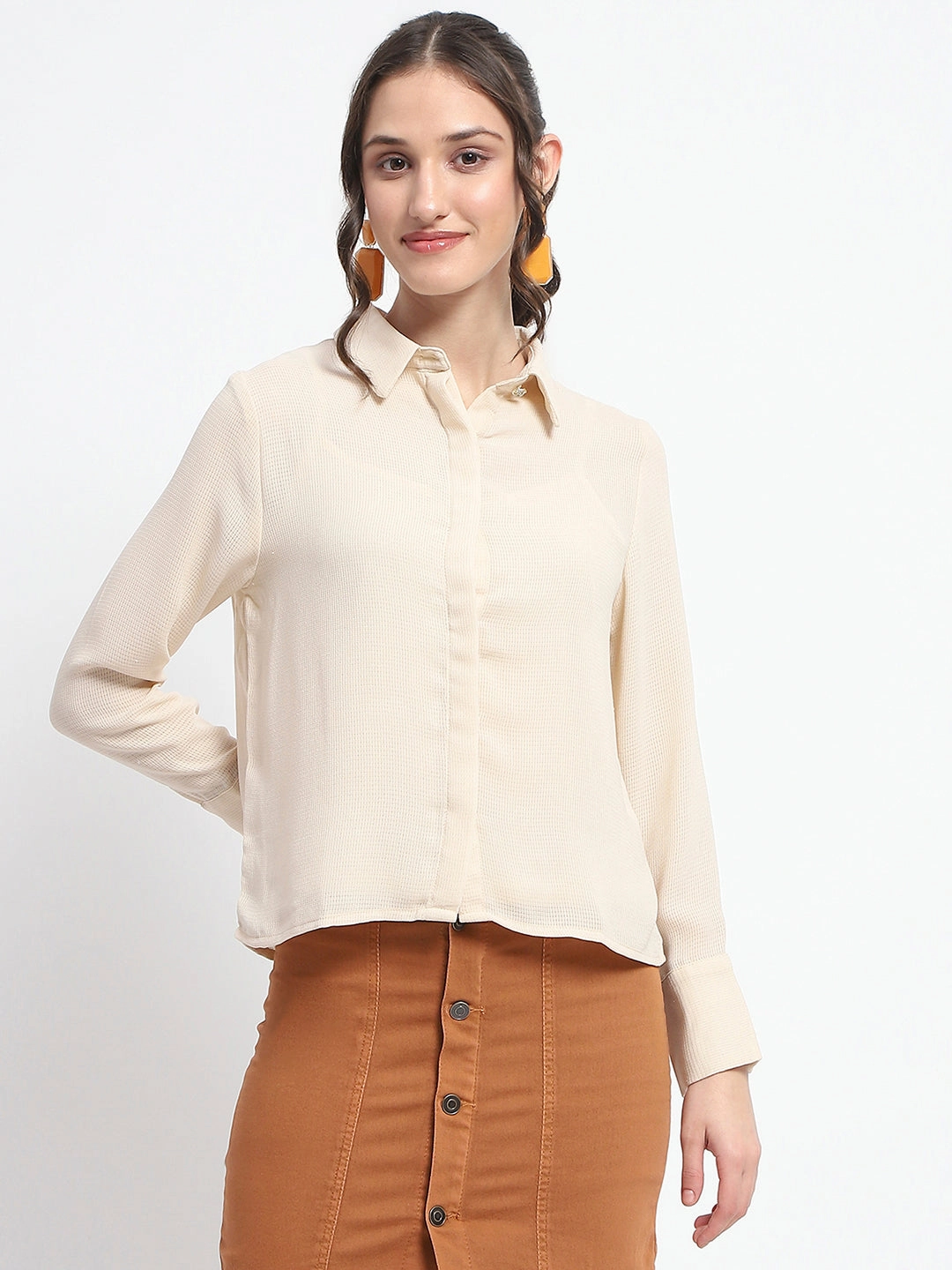 Checkered Look Madame Embellished Button Down Solid Beige Shirt Collar Shirt