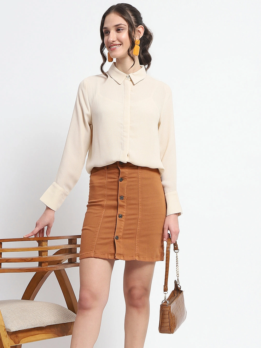Versatile Design All-Weather Wear Madame Embellished Button Down Solid Beige Shirt Collar Shirt