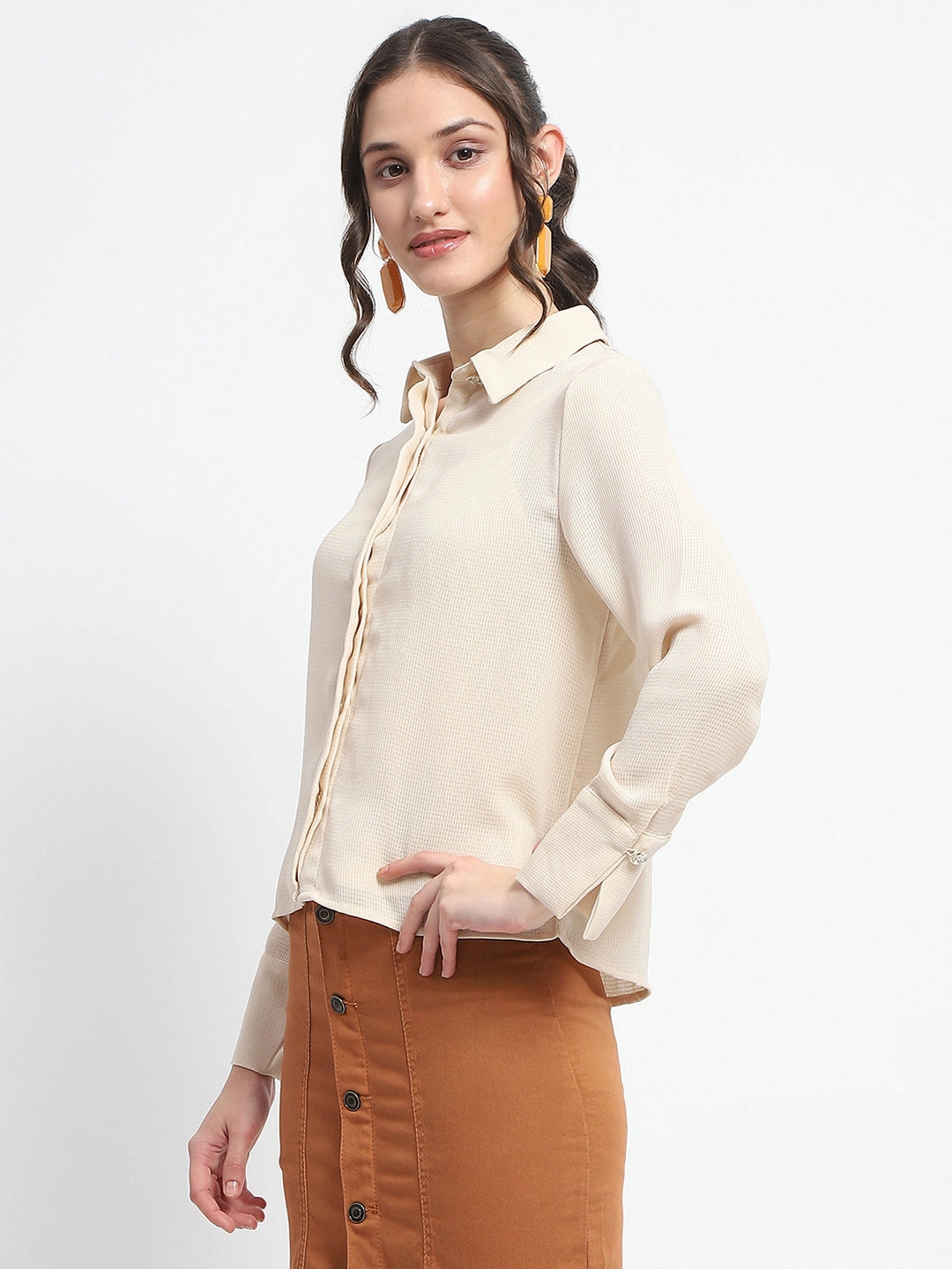 Madame Embellished Button Down Solid Beige Shirt Collar Shirt Picnic Outfit