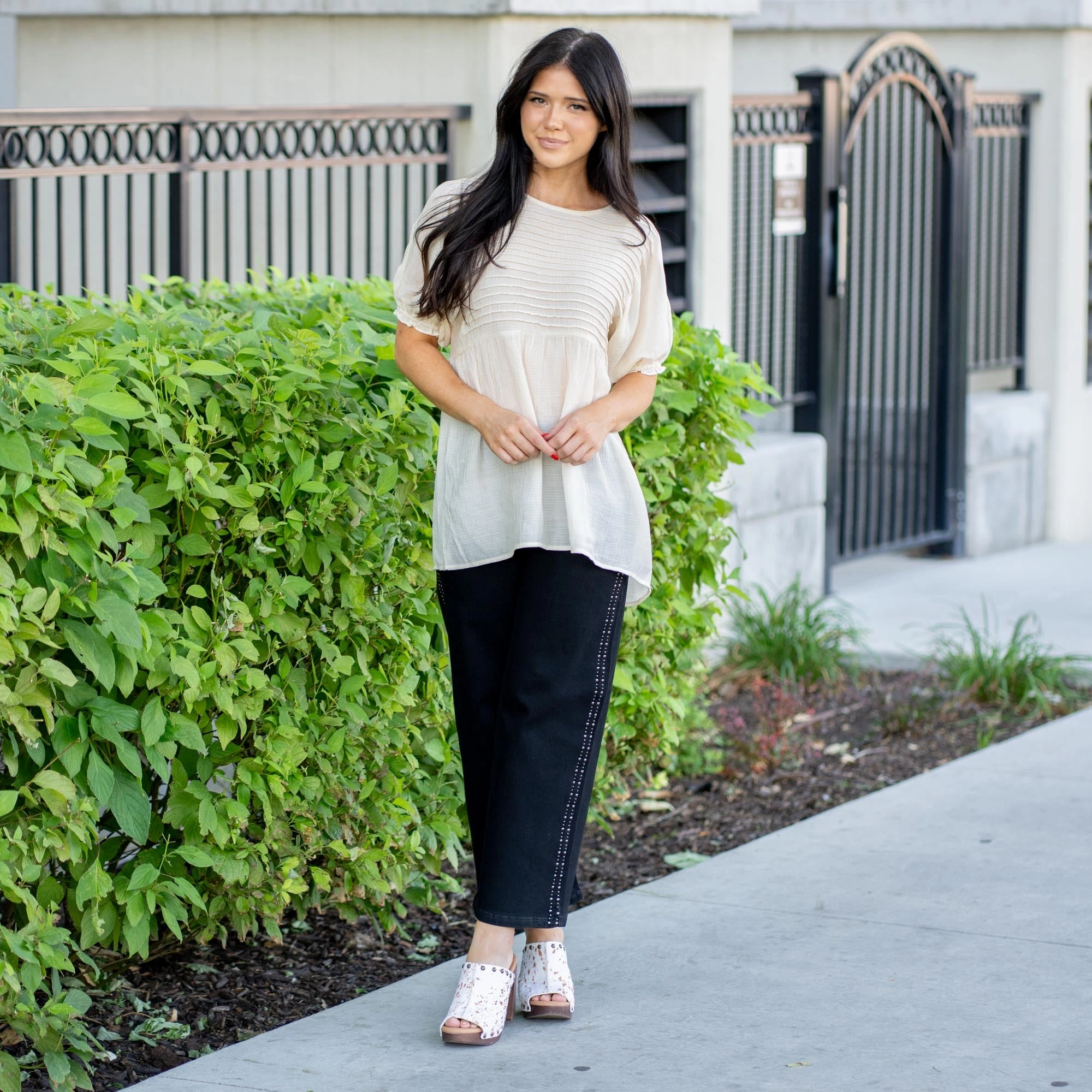 Eco friendly materials Polished Style Vanilla Bay Clara Pin Tuck Puff Sleeve Top Cream