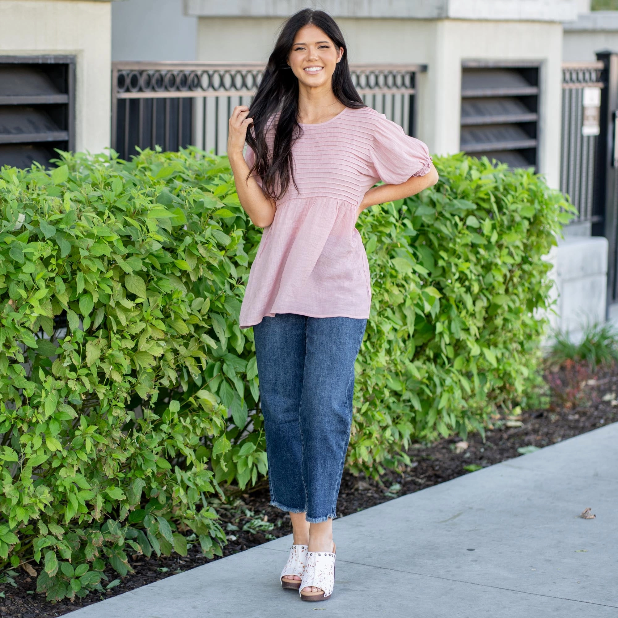 Pastel Shade Vanilla Bay Clara Pin Tuck Puff Sleeve Top Mauve