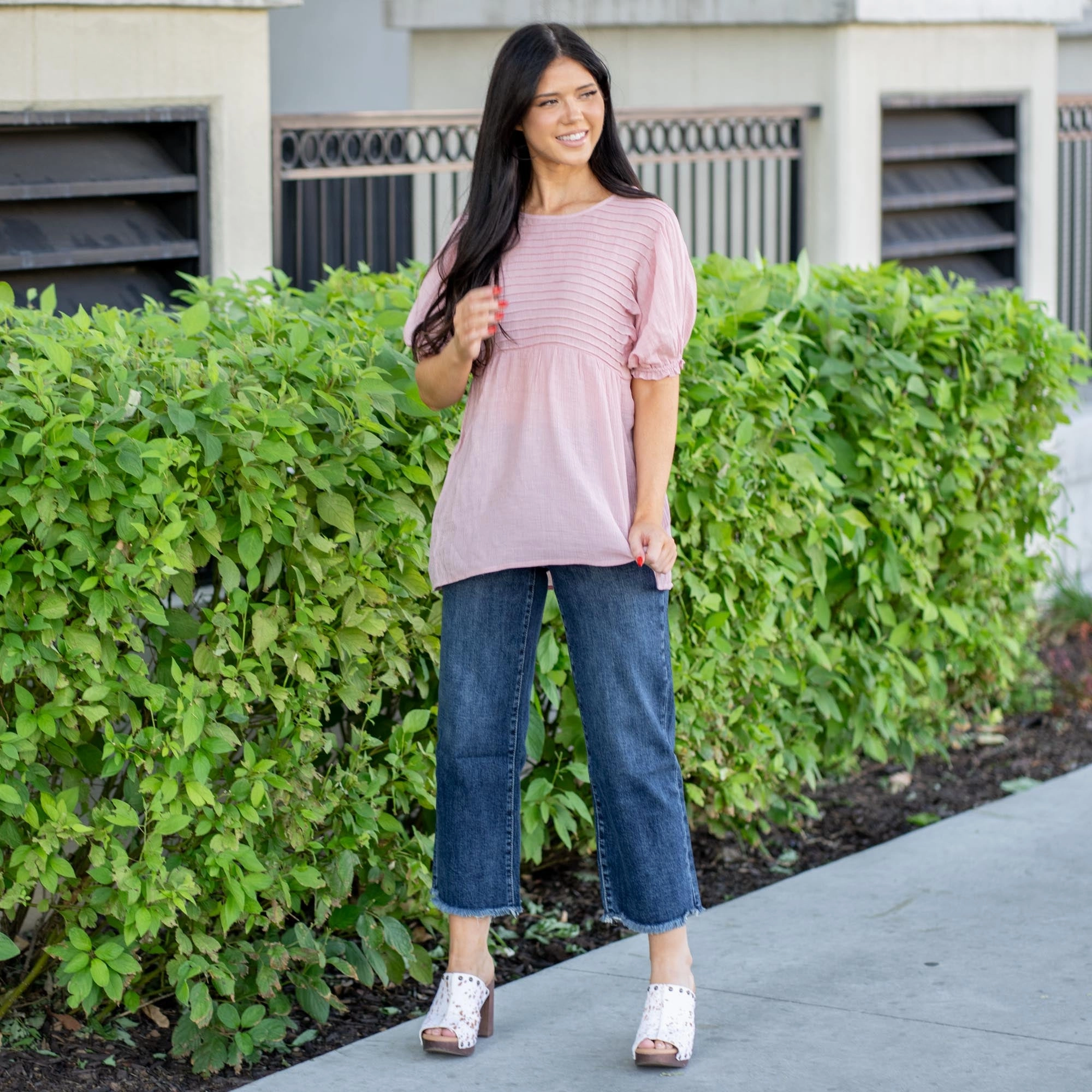 Minimalist Design Vanilla Bay Clara Pin Tuck Puff Sleeve Top Mauve